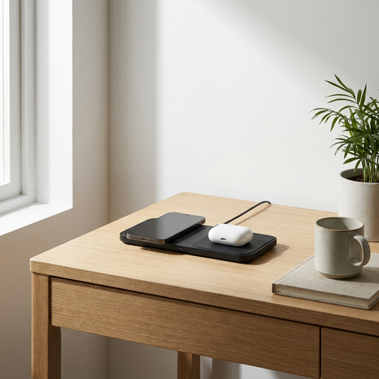 Four-Point Wireless Charging Pad on a minimal oak desk