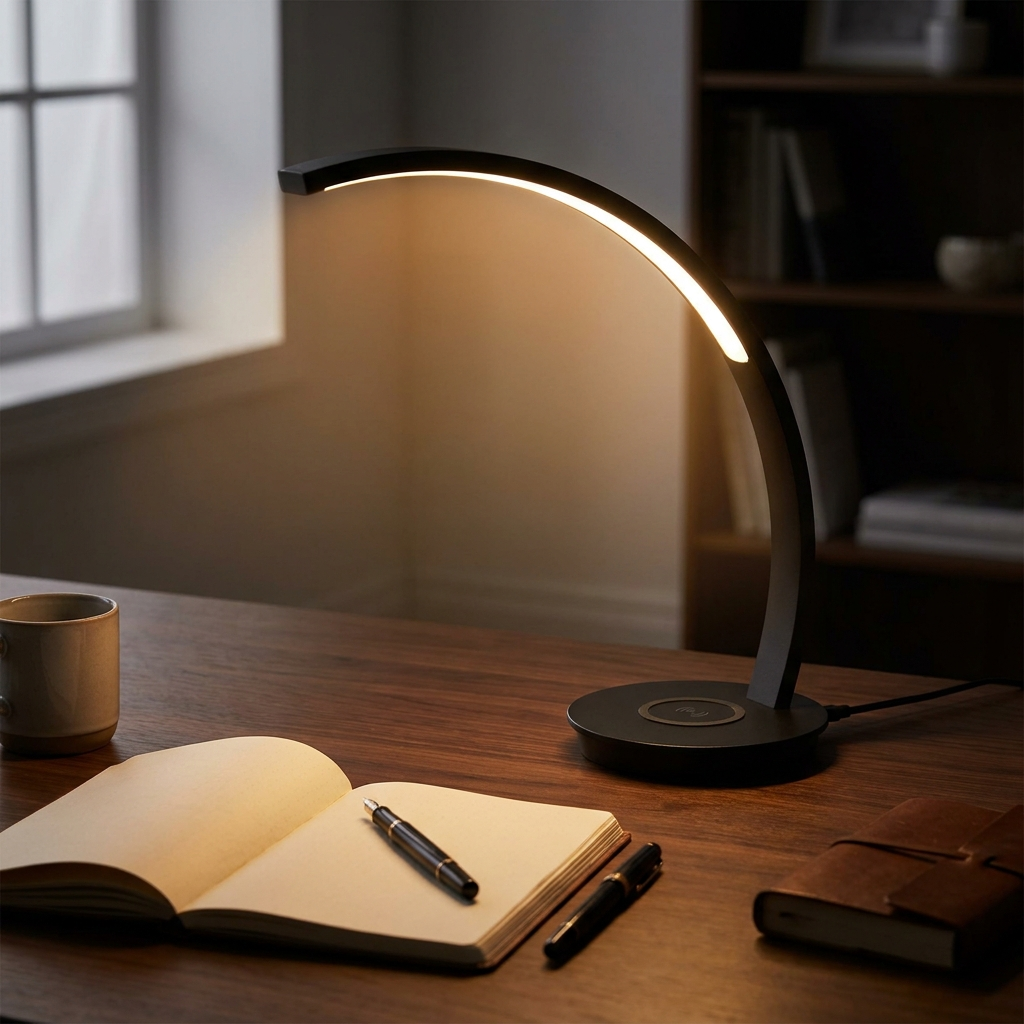 Arc LED Desk Lamp illuminating a walnut desk with warm light